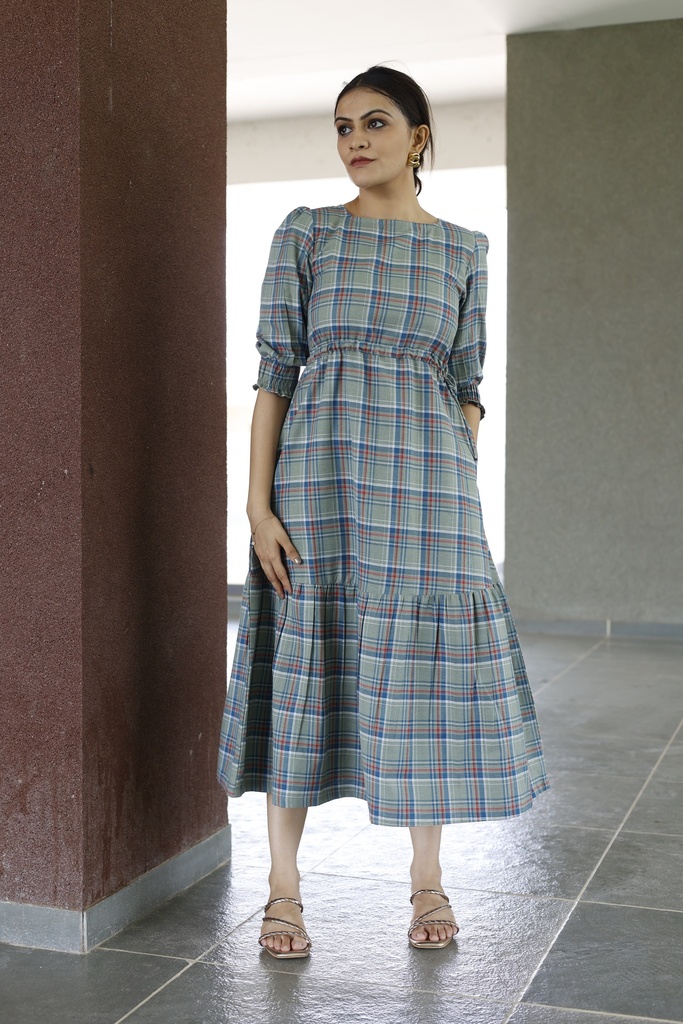 ONE TIERED DRESS WITH WAIST STRING PUFFED SLEEVES (GREEN CHECKED)