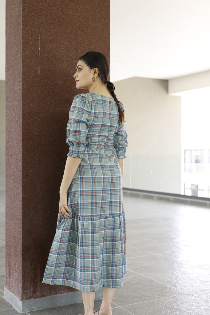 ONE TIERED DRESS WITH WAIST STRING PUFFED SLEEVES (GREEN CHECKED)