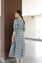ONE TIERED DRESS WITH WAIST STRING PUFFED SLEEVES (GREEN CHECKED)