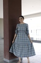 ONE TIERED DRESS WITH WAIST STRING PUFFED SLEEVES (GREEN CHECKED)