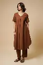 V-NECK CENTER PLEATED KURTA SET (BROWN)